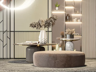 Modern Coffee Table with White Vase Pampas Grass and Round Stool 3d model