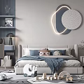 Modern Kids Room Interior With Gray Blue Bed Desk Chair Decorative Painting Rug And Toys