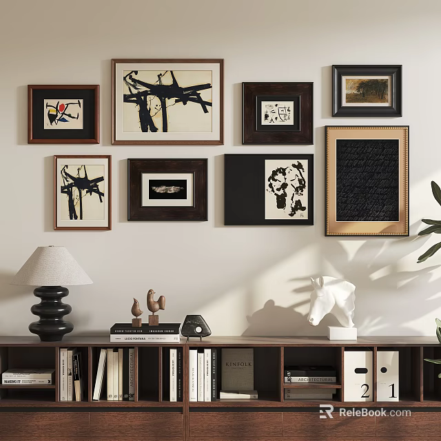 Abstract Paintings Wall Art Collection With Diverse Frames In Home Interior 3d model