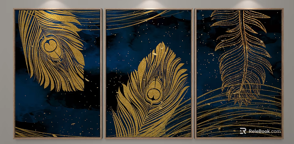 Dark Blue And Gold Peacock Feather Triptych Wall Art For Home Decor 3d model
