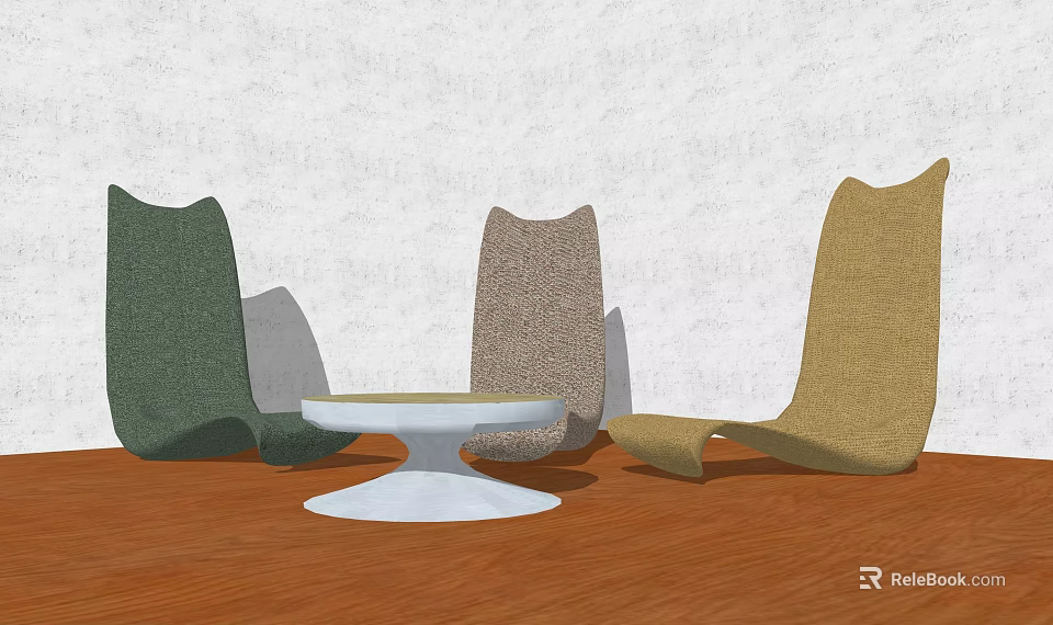Stylish Accent Chairs in Green Brown Beige with White Round Table on Wooden Floor 3d model 