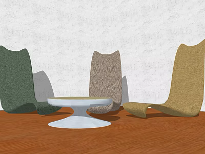 Stylish Accent Chairs in Green Brown Beige with White Round Table on Wooden Floor 3d model