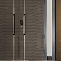Modern Double Doors with Textured Surfaces Metal Accents and Circular Decorative Panels