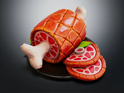Roasted Ham With Bone Sliced On Black Plate And Green Leaf Garnish 3d model
