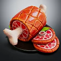 Roasted Ham With Bone Sliced On Black Plate And Green Leaf Garnish 3d model