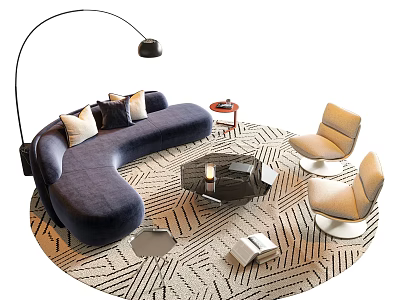 Curved Blue Sofa Coffee Table Set with Beige Chairs Floor Lamp and Geometric Pattern Rug 3d model