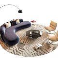 Curved Blue Sofa Coffee Table Set with Beige Chairs Floor Lamp and Geometric Pattern Rug