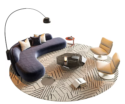 Curved Blue Sofa Coffee Table Set with Beige Chairs Floor Lamp and Geometric Pattern Rug 3d model