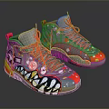 Gray High Top Sneakers With Red Laces And Colorful Cartoon Graffiti Designs