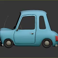Cartoon Blue Car with Adorable Design and 3D Model Reflection on Black Surface