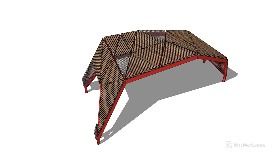 Modern Geometric Pergola With Wooden Lattice Top And Red Support Legs 3d model 