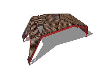 Modern Geometric Pergola With Wooden Lattice Top And Red Support Legs 3d model