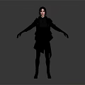 3D Human Character In Black Outfit Standing With Arms Outstretched On Gray Background