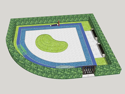 Modern Courtyard Design Featuring Green Lawn Paved Area Blue Border And Surrounding Greenery 3d model