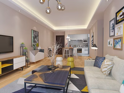 Modern Living And Dining Area Interior With Sofa Coffee Table TV Stand And Open Kitchen 3d model