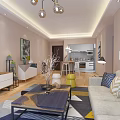 Modern Living And Dining Area Interior With Sofa Coffee Table TV Stand And Open Kitchen