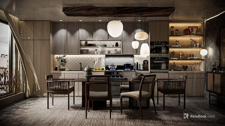 Modern Dining Living Room Interior With Pendant Lights Dining Table And Cabinets 3d model 