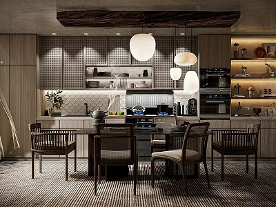 Modern Dining Living Room Interior With Pendant Lights Dining Table And Cabinets 3d model