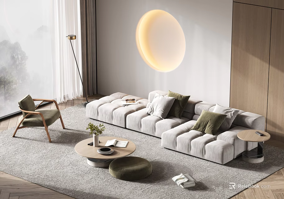 Modern Sofa And Coffee Table Set With Green Cushions Round Accent Lamp And Living Rug 3d model 