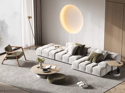 Modern Sofa And Coffee Table Set With Green Cushions Round Accent Lamp And Living Rug 3d model