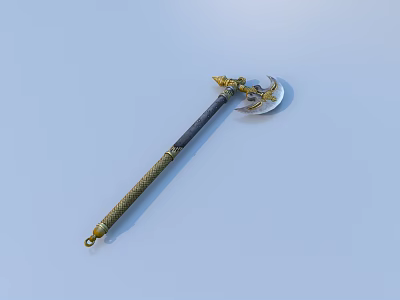Traditional Decorative Axe Featuring Golden Ornament And Intricately Carved Black Handle 3d model