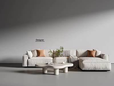Light Colored Sectional Sofa With Brown Pillows And Modern Coffee Table In Minimalist Room 3d model