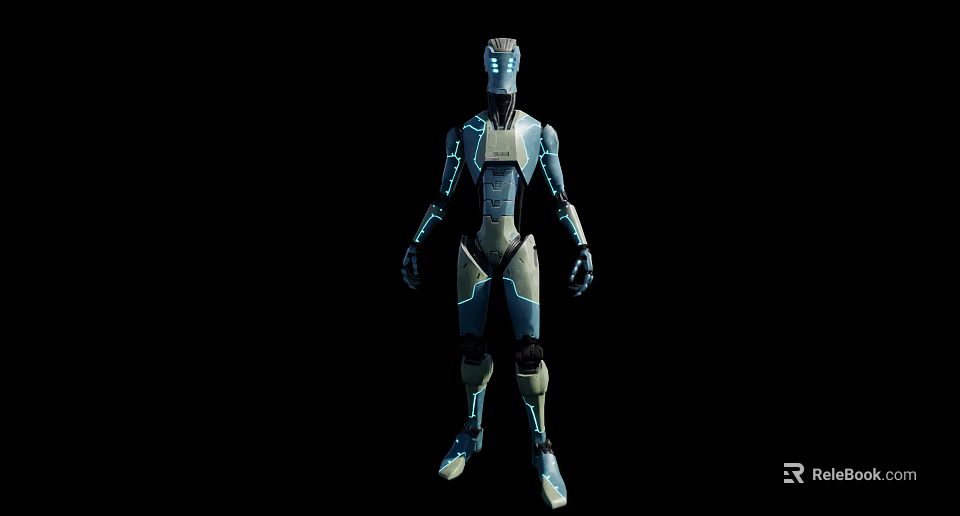 Futuristic Robot Character From Game Movie With Metallic Body And Blue Glowing Lines 3d model 