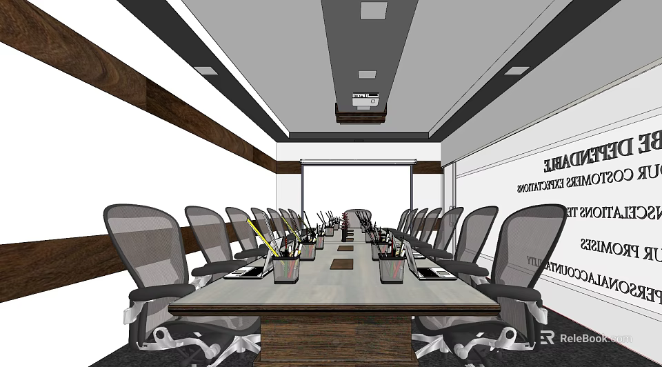 Modern Conference Room Interior With Long Table Office Chairs And Ceiling Lights 3d model 