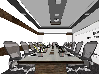Modern Conference Room Interior With Long Table Office Chairs And Ceiling Lights 3d model