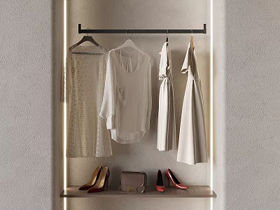 Minimalist White Clothes Hanging On Rack With High Heels And Handbag 3d model