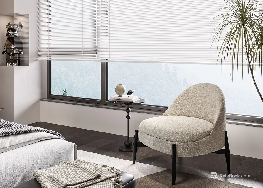 Modern Single Sofa in Bedroom Setting with Window Blinds and Plant 3d model