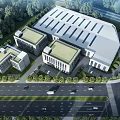 Modern Industrial Factory Building Exterior With Wide Roadway Parked Vehicles And Green Plants