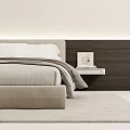Modern Minimalist Double Bed With Two Tone Wall Headboard And Wooden Nightstands in Simple Bedroom