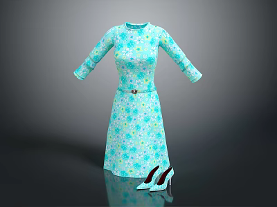 Light Blue Floral Pattern Long Sleeve Dress with Belt and Matching High Heels 3d model