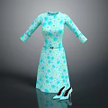 Light Blue Floral Pattern Long Sleeve Dress with Belt and Matching High Heels