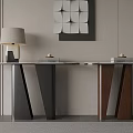 Modern Console Tables With Black Brown Metal Wood Frames Lamp Books Decor And Geometric Art