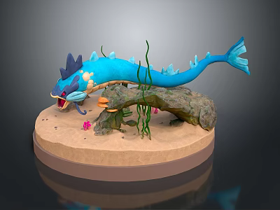 Blue Aquatic Creature with Open Mouth Seaweed Rock and Pink Flowers on Sandy Base 3d model