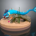 Blue Aquatic Creature with Open Mouth Seaweed Rock and Pink Flowers on Sandy Base