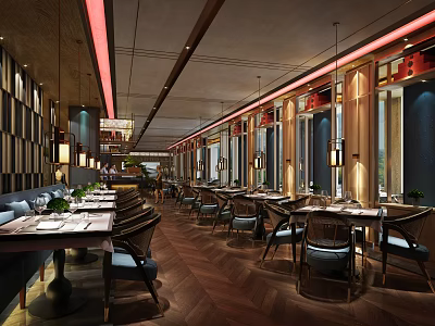 Elegant Restaurant Interior With Neat Dining Tables Chairs Hanging Lights And Wooden Flooring 3d model