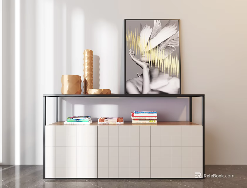 Modern Entryway Cabinet Sideboard With White Doors Black Frame Artwork And Stacked Books 3d model 