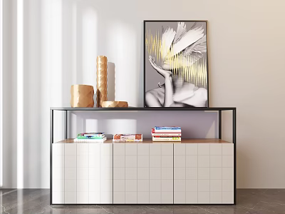 Modern Entryway Cabinet Sideboard With White Doors Black Frame Artwork And Stacked Books 3d model