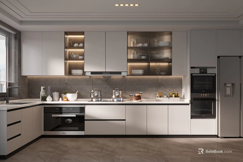 Modern Open Plan Kitchen Interior Design With White Cabinets Built in Appliances And Lighting 3d model 