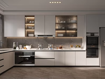 Modern Open Plan Kitchen Interior Design With White Cabinets Built in Appliances And Lighting 3d model