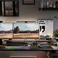 Modern Entertainment Room Interior With Dual Monitors Gaming Chair Desk Wall Art Shelves And Lighting