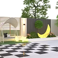 Modern Garden Landscape Design With Paved Patio Purple Tree Green Shrubs And Bar