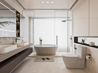Modern Bathroom Interior Design With Double Sinks Freestanding Bathtub Glass Shower And Large Mirror 3d model
