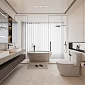 Modern Bathroom Interior Design With Double Sinks Freestanding Bathtub Glass Shower And Large Mirror