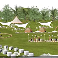Outdoor Evening Garden Landscape With White Tents Green Lawn White Seats Bonfire And Trees