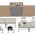 Classroom Desks Setup With Student Tables Chairs Backpacks And Books 3d model
