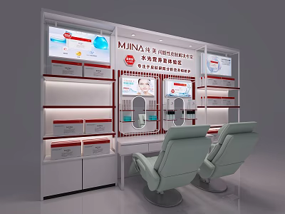 MINA Department Beauty Products Display Cabinet With Lighted Shelves Chairs And Table 3d model